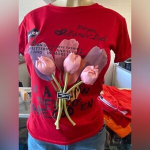 Red Graphic T-Shirt with Floral Design